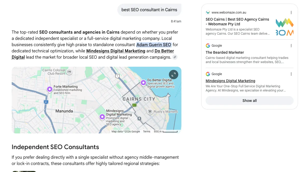 Google AI Mode answering best SEO consultant in Cairns and naming Adam Guerin SEO first among the independent consultants.