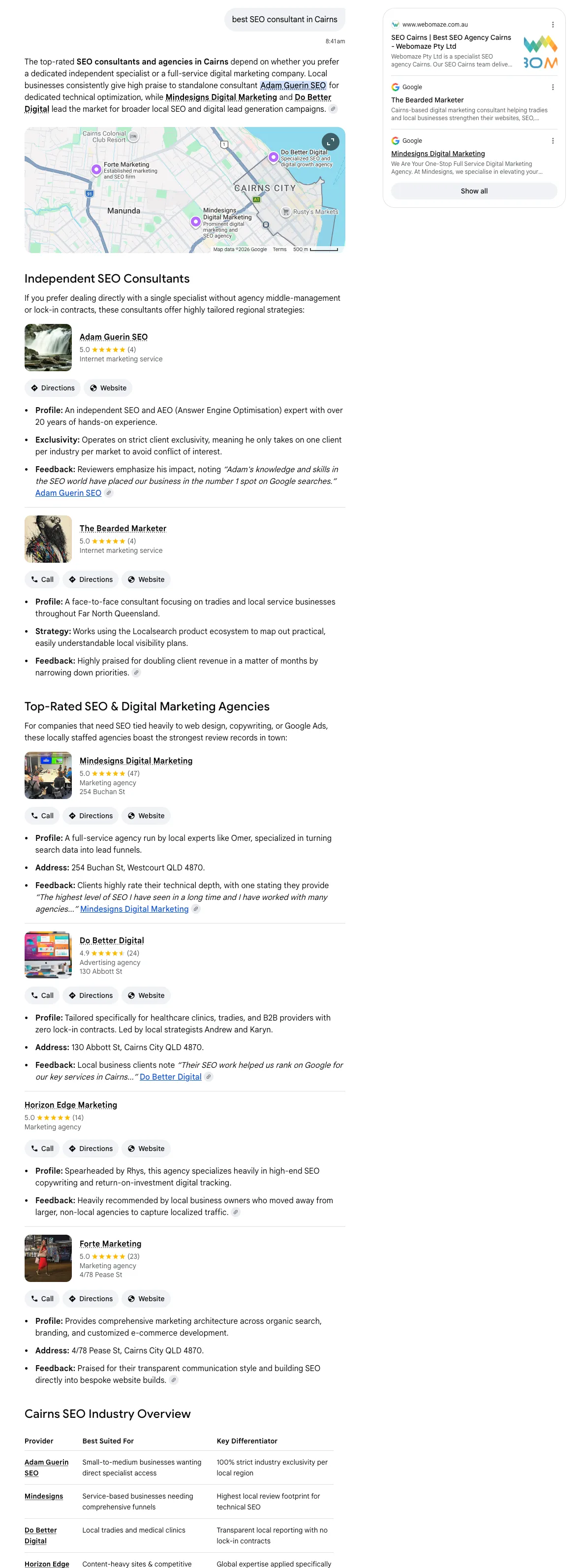 Google AI Mode answering "best SEO consultant in Cairns" and naming Adam Guerin SEO first among the independent consultants