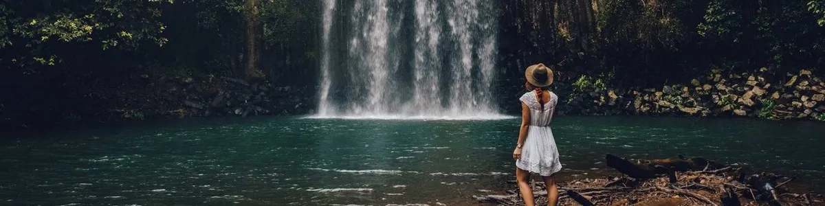 Millaa Millaa Falls on the southern Tablelands, someone standing on a log at the edge of the pool