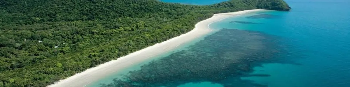 Aerial view of rainforest meeting a white sand beach and fringing reef on the Far North Queensland coast