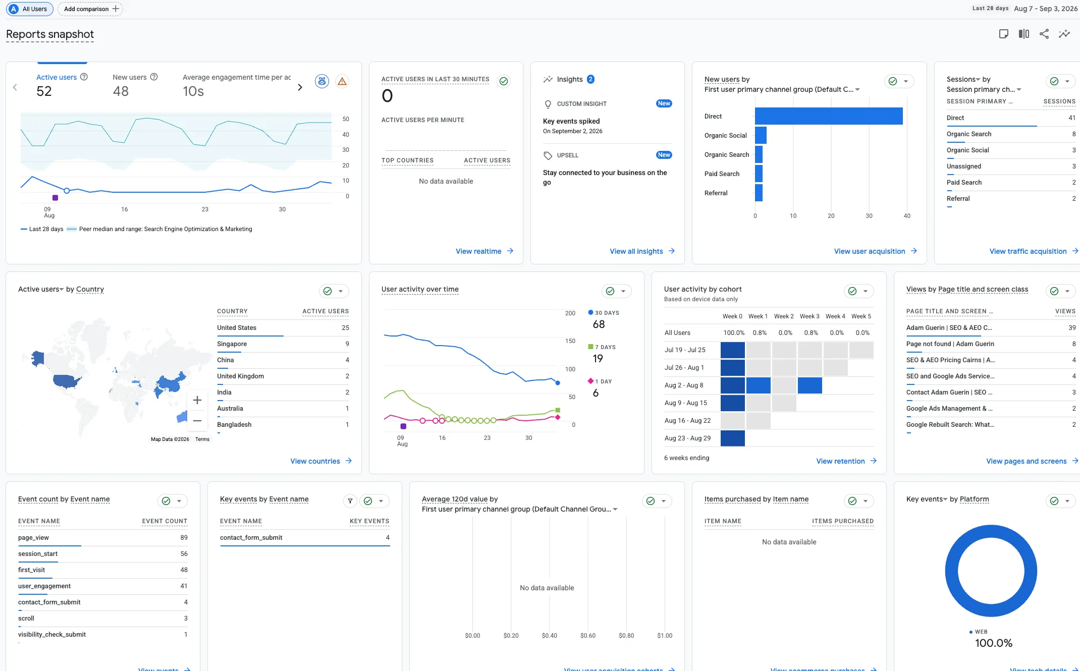 Google Analytics 4 reports snapshot showing active users, traffic channels and key events