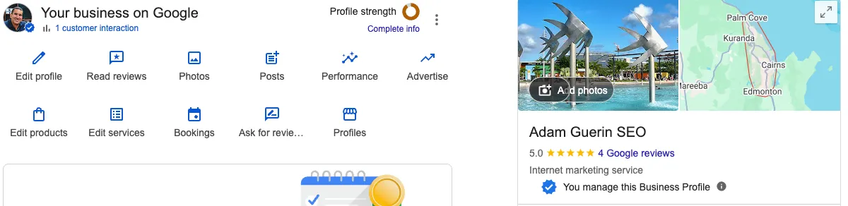 A verified Google Business Profile shown in Google search results, with the owner management tools and a five star rating.