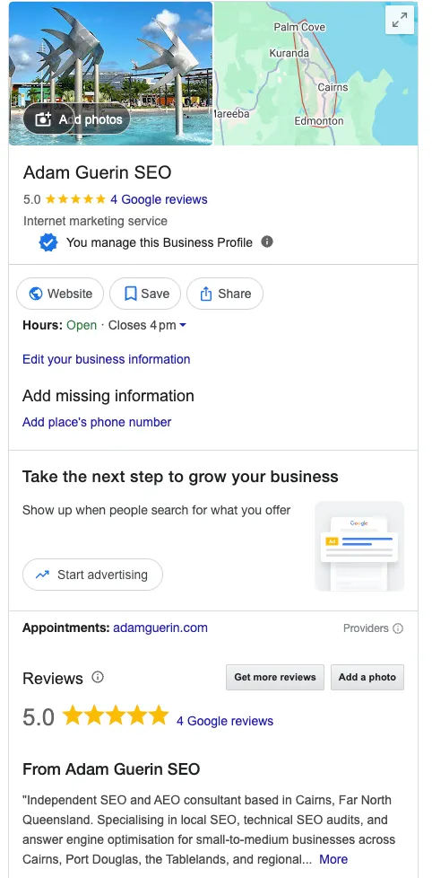 A verified Google Business Profile in Google search results, with the owner management tools and reviews